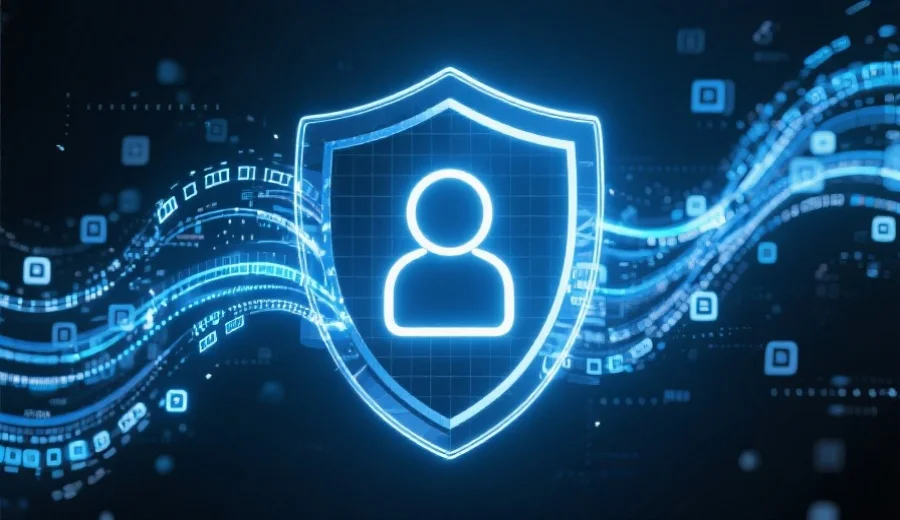 抽象的网络安全防护盾，环绕着象征用户数据的数字流线，科技感强烈